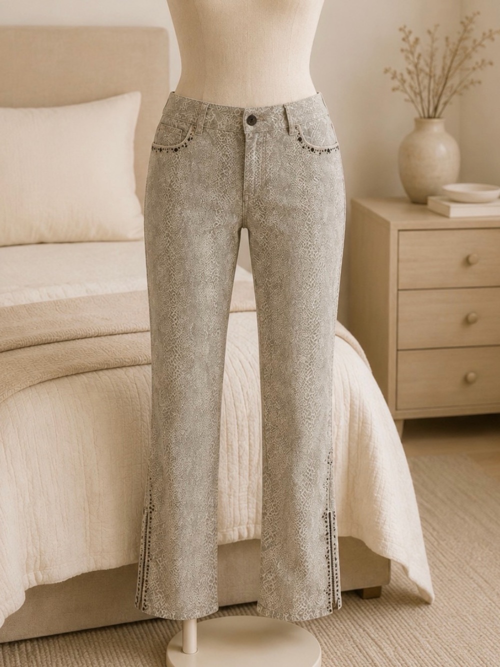 WHB Market Beaded Accent Grey Snakeskin Print Skinny Crop Jeans Size 10
